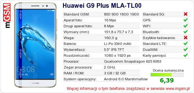 Dane telefonu Huawei G9 Plus MLA-TL00