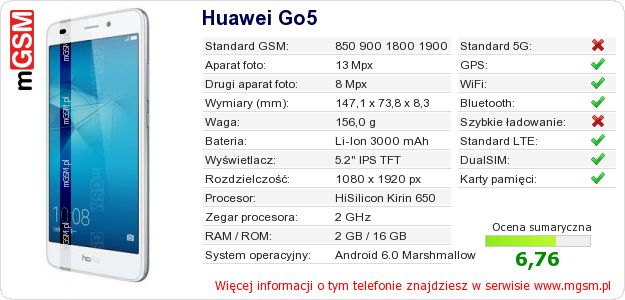 Dane telefonu Huawei Go5