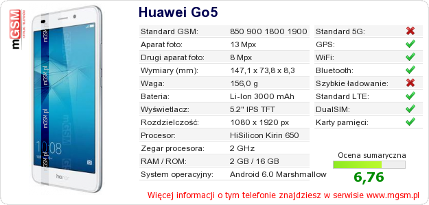 Dane telefonu Huawei Go5