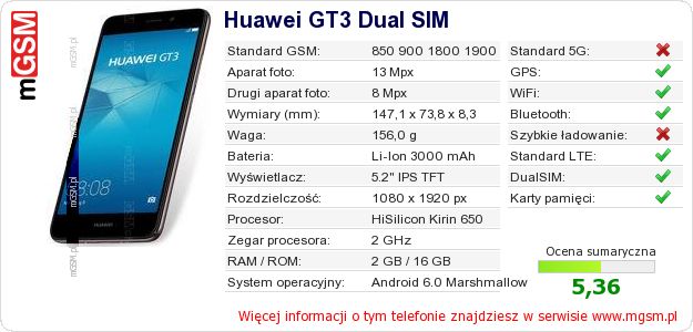 Dane telefonu Huawei GT3 Dual SIM