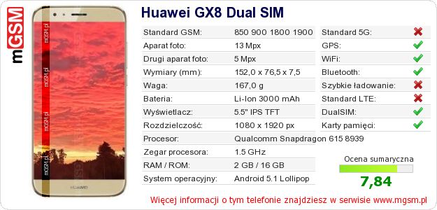 Dane telefonu Huawei GX8 Dual SIM