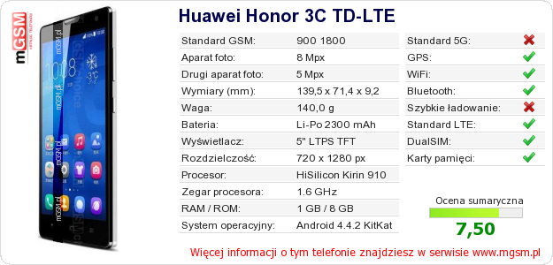 Dane telefonu Huawei Honor 3C TD-LTE Dane telefonu Huawei Honor 3C TD-LTE