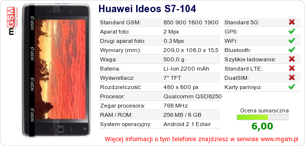 Dane telefonu Huawei Ideos S7-104