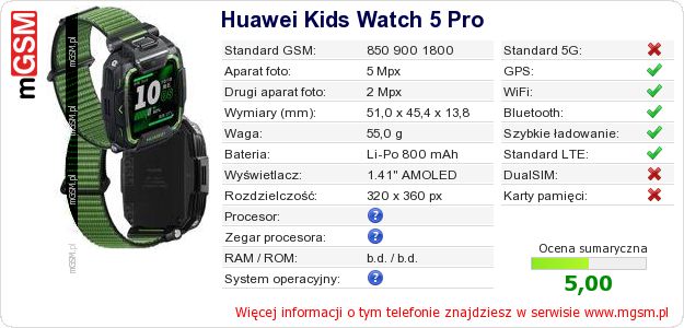 Dane telefonu Huawei Kids Watch 5 Pro