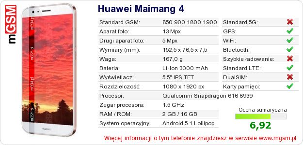 Dane telefonu Huawei Maimang 4 Dane telefonu Huawei Maimang 4