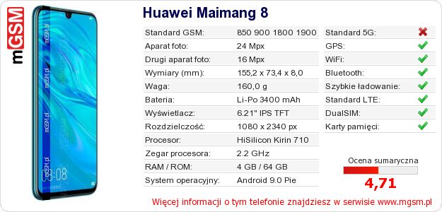 Dane telefonu Huawei Maimang 8 Dane telefonu Huawei Maimang 8