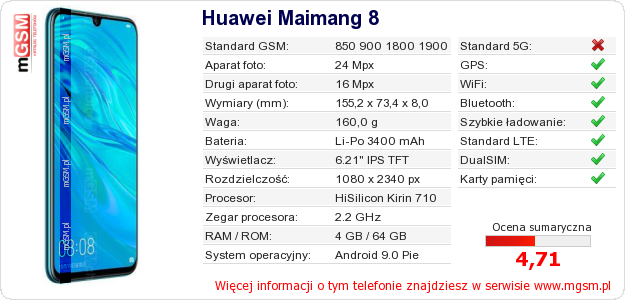 Dane telefonu Huawei Maimang 8
