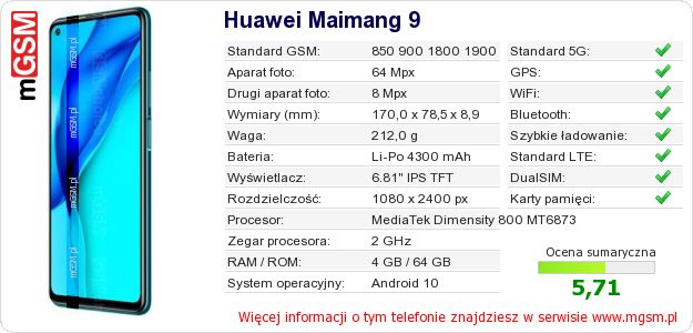 Dane telefonu Huawei Maimang 9