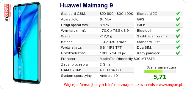 Dane telefonu Huawei Maimang 9