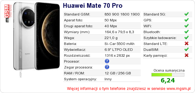 Dane telefonu Huawei Mate 70 Pro