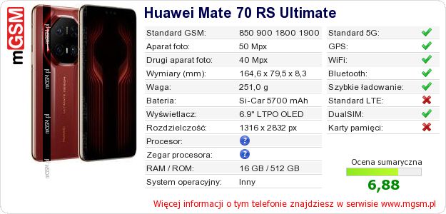 Dane telefonu Huawei Mate 70 RS Ultimate