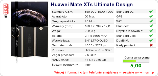 Dane telefonu Huawei Mate XTs Ultimate Design