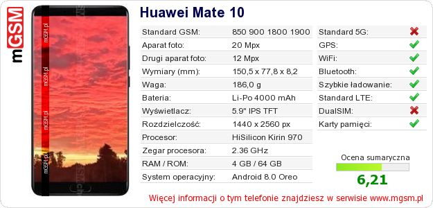Dane telefonu Huawei Mate 10 Dane telefonu Huawei Mate 10