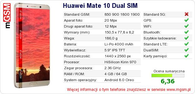 Dane telefonu Huawei Mate 10 Dual SIM Dane telefonu Huawei Mate 10 Dual SIM