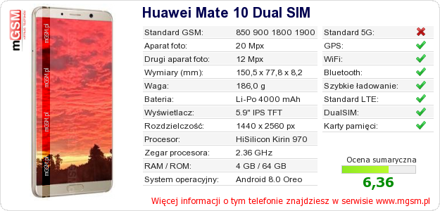 Dane telefonu Huawei Mate 10 Dual SIM