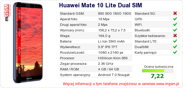 Dane telefonu Huawei Mate 10 Lite Dual SIM