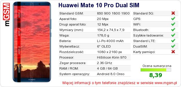 Dane telefonu Huawei Mate 10 Pro Dual SIM Dane telefonu Huawei Mate 10 Pro Dual SIM