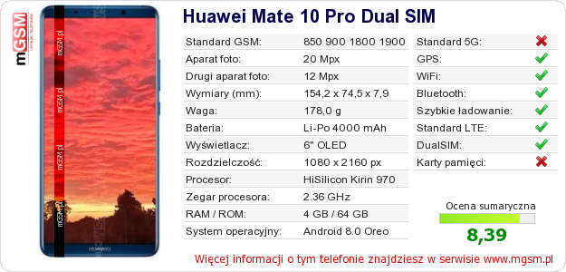 Dane telefonu Huawei Mate 10 Pro Dual SIM