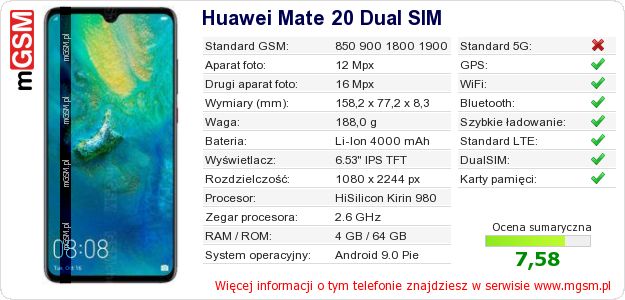 Dane telefonu Huawei Mate 20 Dual SIM