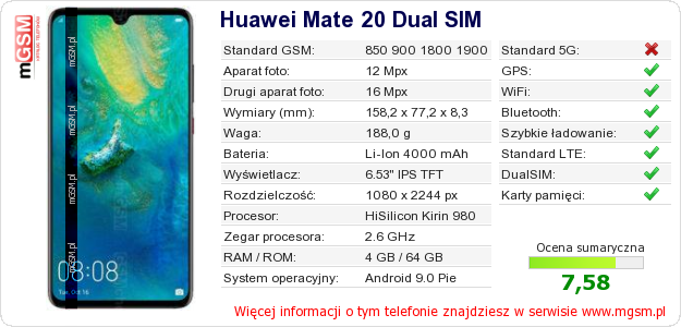 Dane telefonu Huawei Mate 20 Dual SIM
