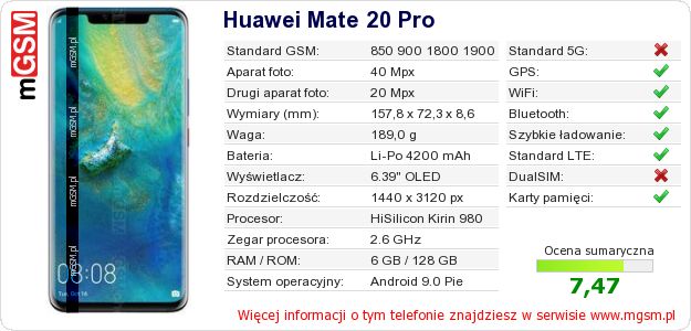 Dane telefonu Huawei Mate 20 Pro Dane telefonu Huawei Mate 20 Pro