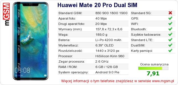 Dane telefonu Huawei Mate 20 Pro Dual SIM