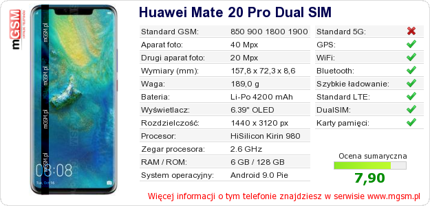 Dane telefonu Huawei Mate 20 Pro Dual SIM
