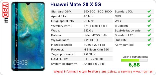 Dane telefonu Huawei Mate 20 X 5G Dane telefonu Huawei Mate 20 X 5G