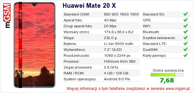 Dane telefonu Huawei Mate 20 X Dane telefonu Huawei Mate 20 X