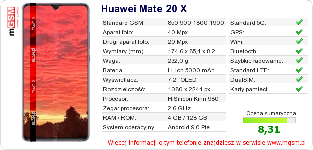 Dane telefonu Huawei Mate 20 X Dane telefonu Huawei Mate 20 X