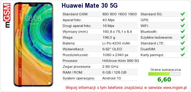Dane telefonu Huawei Mate 30 5G