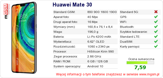 Dane telefonu Huawei Mate 30