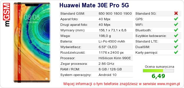 Dane telefonu Huawei Mate 30E Pro 5G Dane telefonu Huawei Mate 30E Pro 5G