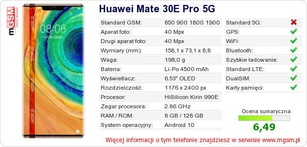 Dane telefonu Huawei Mate 30E Pro 5G