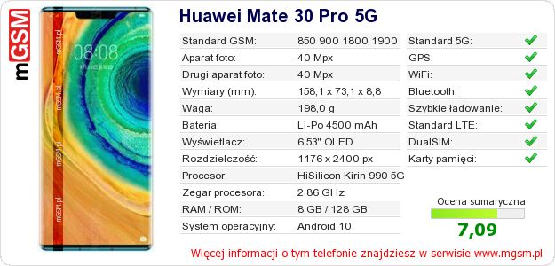 Dane telefonu Huawei Mate 30 Pro 5G