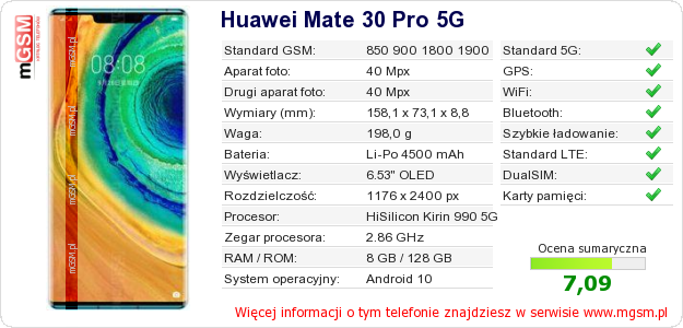 Dane telefonu Huawei Mate 30 Pro 5G