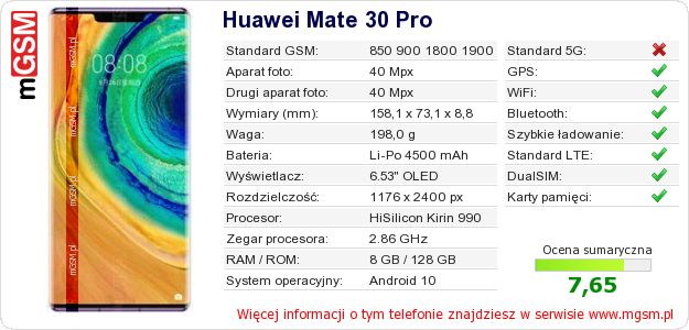 Dane telefonu Huawei Mate 30 Pro