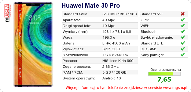 Dane telefonu Huawei Mate 30 Pro