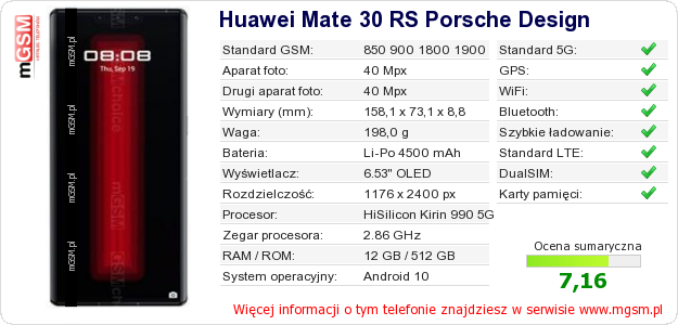 Dane telefonu Huawei Mate 30 RS Porsche Design