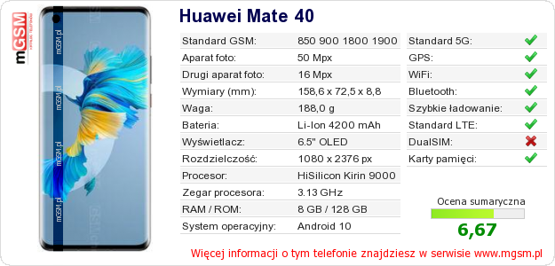 Dane telefonu Huawei Mate 40
