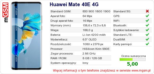 Dane telefonu Huawei Mate 40E 4G