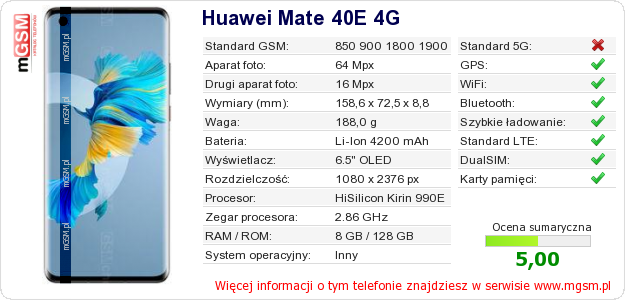 Dane telefonu Huawei Mate 40E 4G