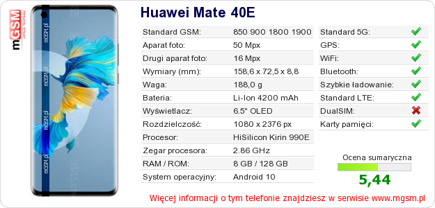 Dane telefonu Huawei Mate 40E