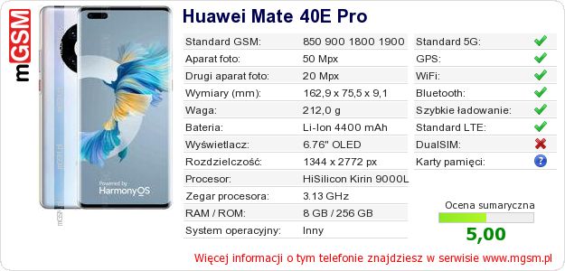 Dane telefonu Huawei Mate 40E Pro