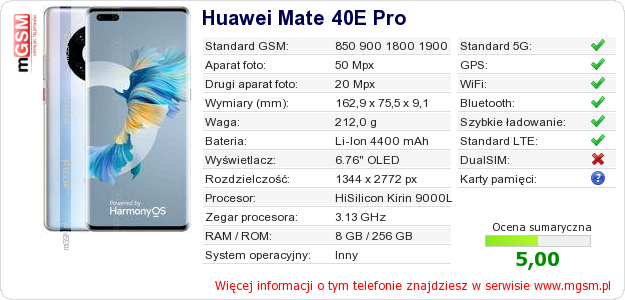 Dane telefonu Huawei Mate 40E Pro