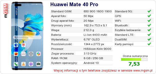 Dane telefonu Huawei Mate 40 Pro