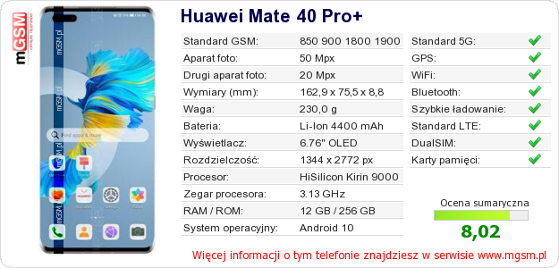 Dane telefonu Huawei Mate 40 Pro+