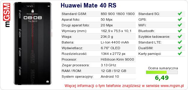 Dane telefonu Huawei Mate 40 RS Dane telefonu Huawei Mate 40 RS