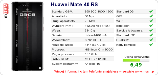 Dane telefonu Huawei Mate 40 RS