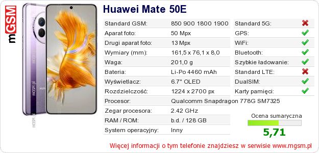 Dane telefonu Huawei Mate 50E